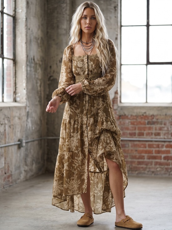 Promesa Dresses & Skirts - NWT Promesa Floral Boho Print Bubble Sleeve Maxi High Low Button Front Dress